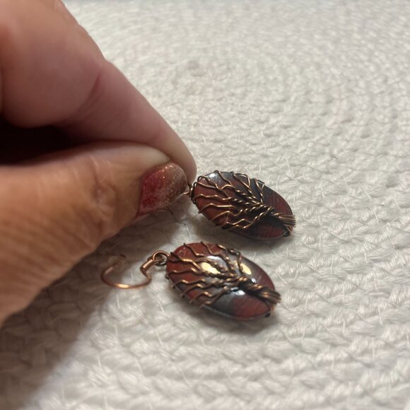 Rustic RED RAINBOW JASPER COPPER WIRE-WRAPPED TREE Handmade Earrings #674D - Picture 3 of 4